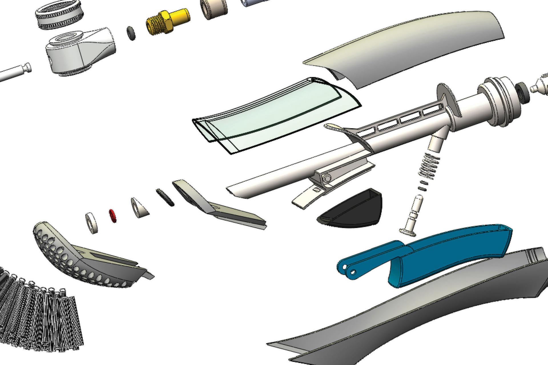 A CAD exploded view of a dish scrubber
