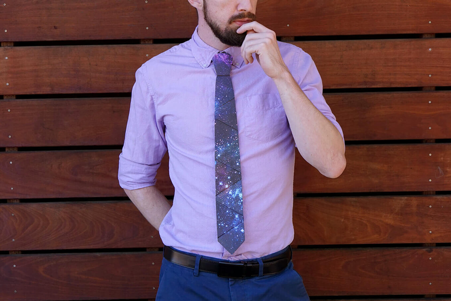 A lifestyle shot of the cardboard galaxy tie